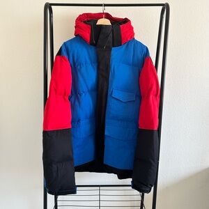 French Connection Color Block Micro Cotton Drill Jacket XL Hooded Blue Red Black